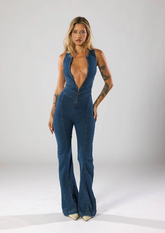 Lucie Backless Heart Denim Jumpsuit Lavva